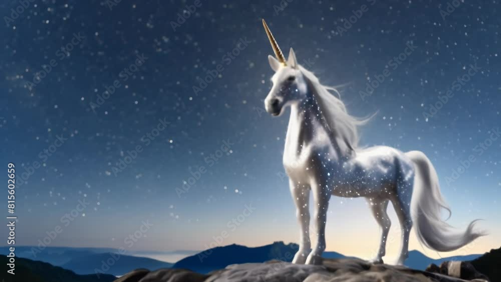 A majestic unicorn with a glowing horn stands on a mountain peak under ...