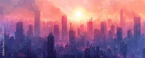 A dystopian metropolis cloaked in perpetual smog  where towering skyscrapers cast ominous shadows over the crowded streets below.   illustration.