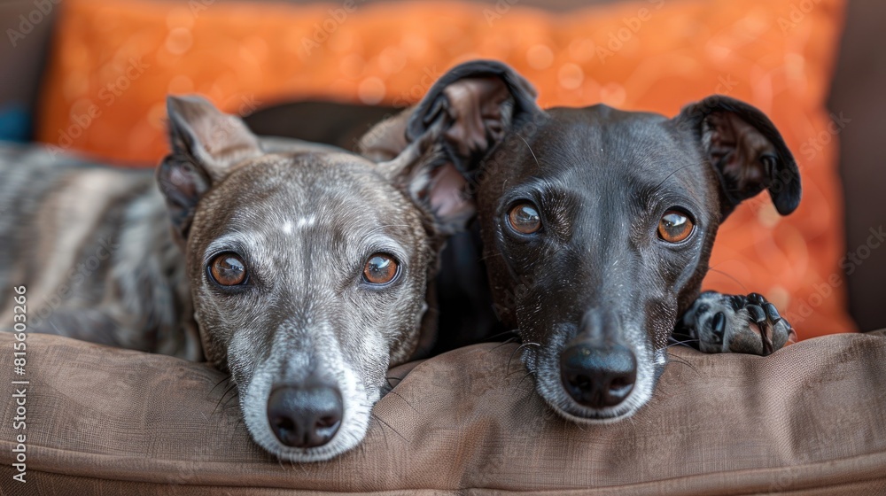 Two cute whippets cuddle up together on a blanket.