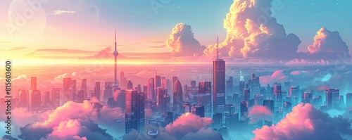 A futuristic utopia where gleaming towers pierce the clouds  their spires reaching towards the heavens in an eternal quest for progress.   illustration.
