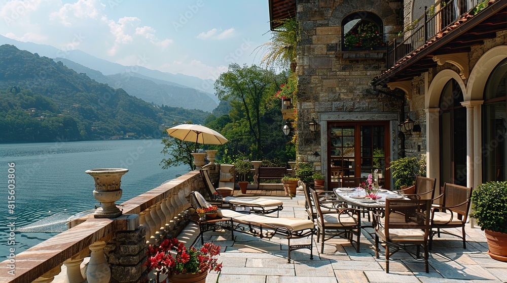  A  lake from a terrace with a table and chairs.
