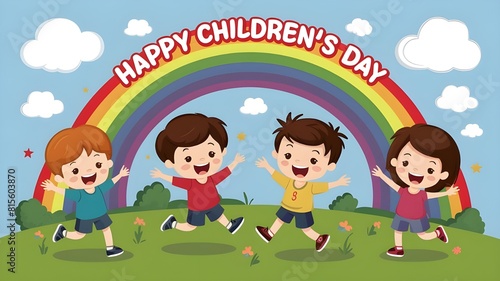 Happy Children   s Day banner with happy cartoon kids playing under a rainbow