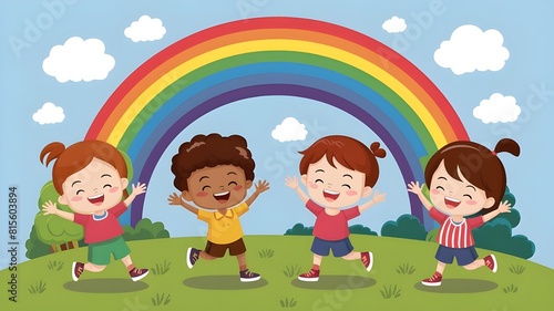 Happy Children’s Day banner with happy cartoon kids playing under a rainbow