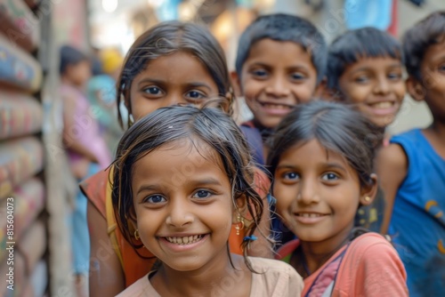 Portrait of a group of smiling Indian children in the street.