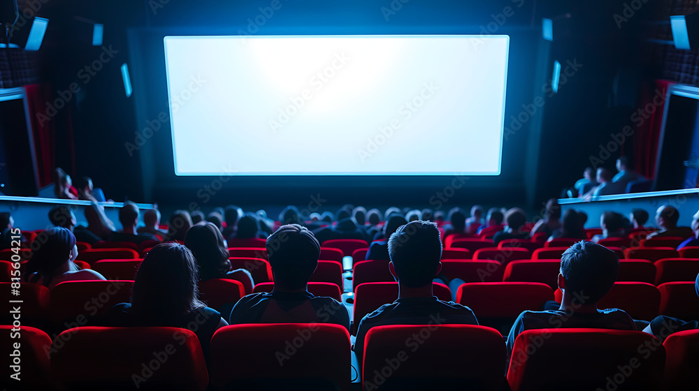 Cinema blank wide screen and people in red chairs in the cinema hall. Blurred People silhouettes watching movie performanc. Generative AI illustration Cinema blank wide screen and people in red chairs in the cinema hall. Blurred People silhouettes watching movie performanc. Generative AI illustration