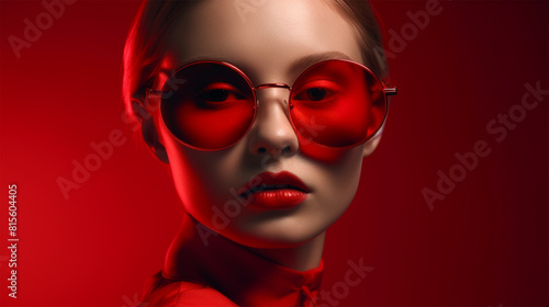 Fashion portrait of a model wearing a bright red outfit and sunglasses of the same color on a monochrome red background