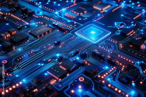 A close up of a circuit board with blue and orange lights