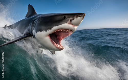 Chilling moment as a great white shark breaches off the South African coast  its jaws open revealing sharp teeth