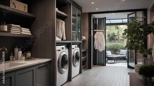 A washer and dryer in a small room, A cozy laundry nook with smart and efficient appliances that take the chore out of washing