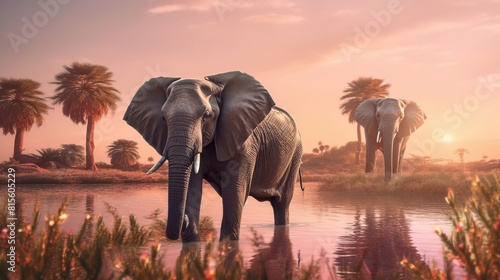 Amazing african elephants at sunset concept