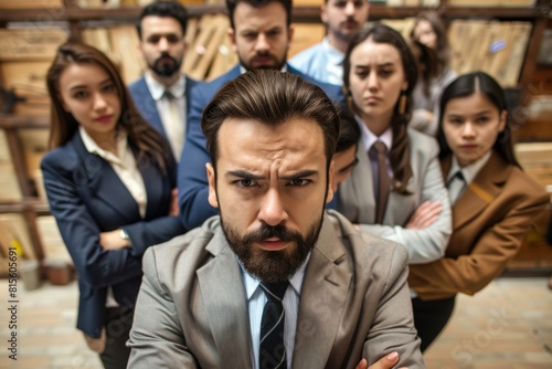 Portrait of angry businessman standing in front of a group of businesspeople