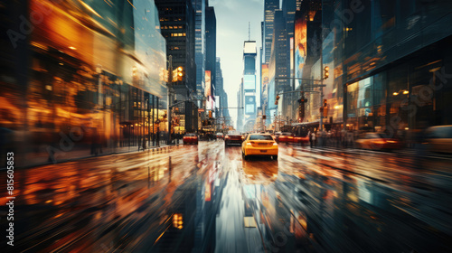 A dynamic urban street scene captured at twilight with a wet surface reflecting city lights and moving vehicles  exuding a bustling city vibe.