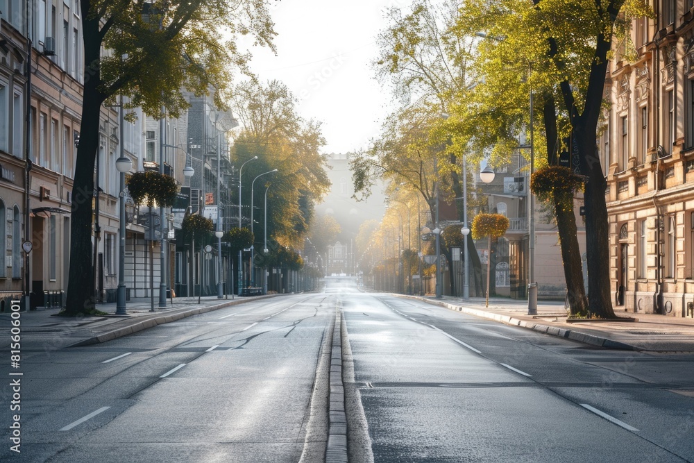 City Street Day. Empty Urban Road with Morning Light in Downtown Vilnius, Lithuania