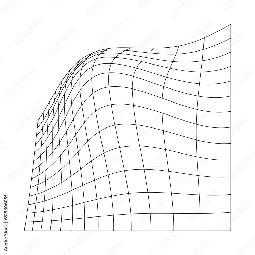 Distorted black grid on white background. Waved mesh texture. Fish net with deformation effect. Bented lattice surface. Vector graphic illustration Distorted black grid on white background. Waved mesh texture. Fish net with deformation effect. Bented lattice surface. Vector graphic illustration