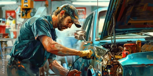 Maintenance Man at Work: Car Mechanic in Garage Conducting Auto Repair and Inspection