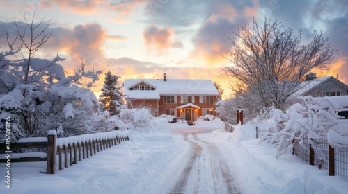 Winter House. Snow-Covered Suburban Home at Twilight with Snowfall © AIGen