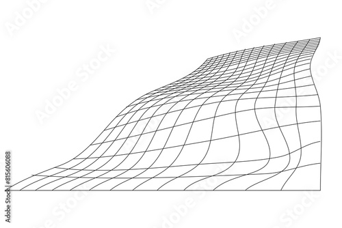 Distorted black grid on white background. Waved mesh texture. Fish net with deformation effect. Bented lattice surface. Vector graphic illustration