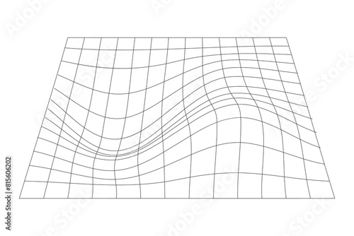 Distorted black grid on white background. Waved mesh texture. Fish net with deformation effect. Bented lattice surface. Vector graphic illustration