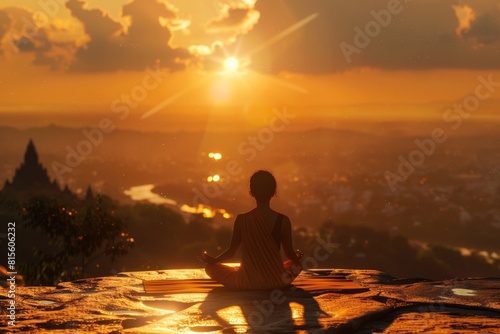 Peak Health. Morning Meditation in Lotus Position at Sunrise Outdoors