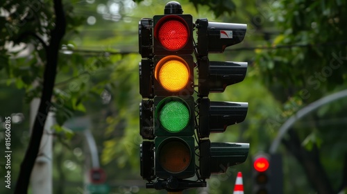 Close-up of a traffic signal with city traffic in the background.