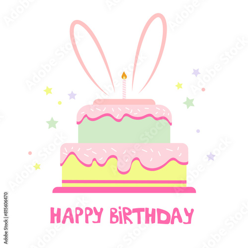 Birthday cake with candle. Bday of the baby one year. Anniversary of the child. Festive greeting card. Cake with cream on a white background. Hand drawn illustration in the Scandinavian style