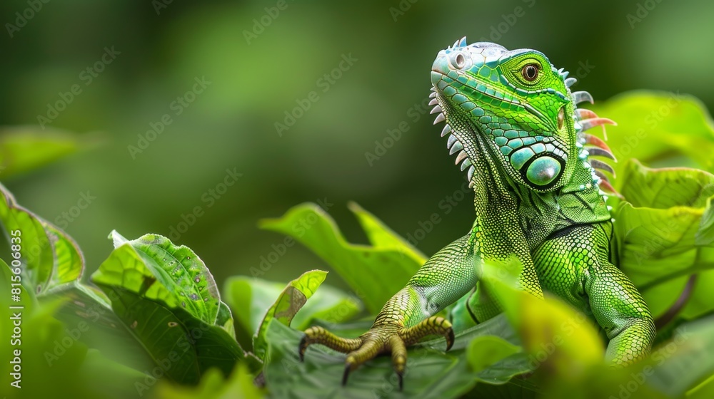 A green iguana confidently poses against a backdrop of lush vegetation.