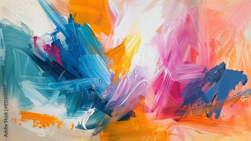 Large brush strokes of bright pink  blue and yellow dance across the canvas to create a vibrant and colorful abstract painting.