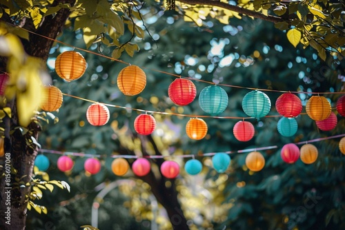 Partydekoration für eine Gartenparty im Sommer, Leuchtende Lampion Girlande 