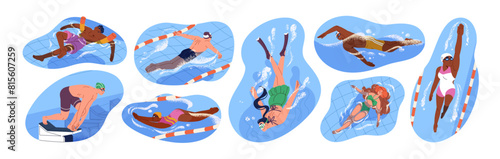 Swimmers are on racing lanes set. Active people diving, swim crawl, breaststroke in swimming pool. Characters in swimsuits do water sport. Flat isolated vector illustrations on white background