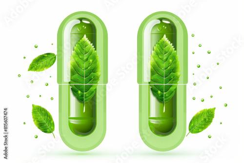 two green capsules. Tablets with leaves inside on an isolated white background. A natural herbal medicine.
