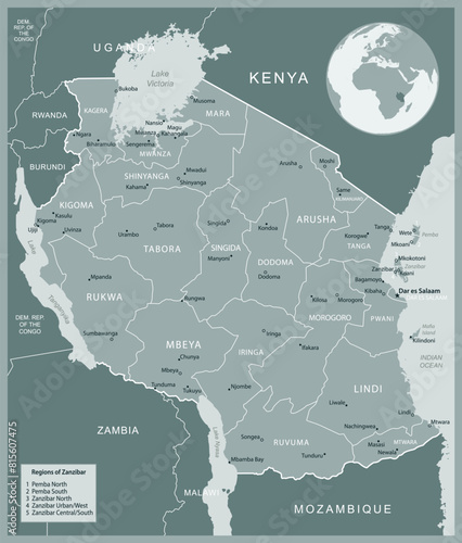 Tanzania - detailed map with administrative divisions country. Vector illustration