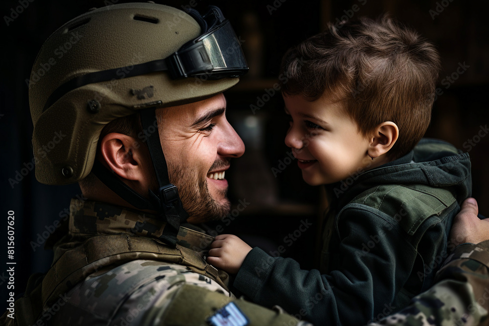 Generative AI illustration of young person soldier hugging baby Generative AI illustration of young person soldier hugging baby