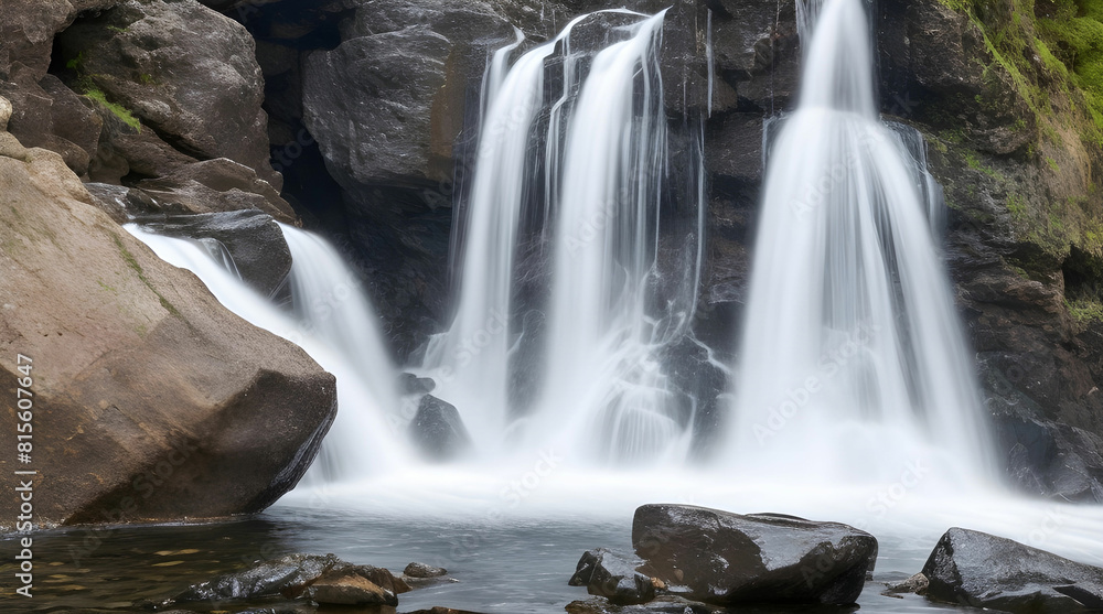 Fototapeta premium A crystal clear waterfall cascading down a rocky cliff, the water splashing against the rocks in a satisfying rhythm