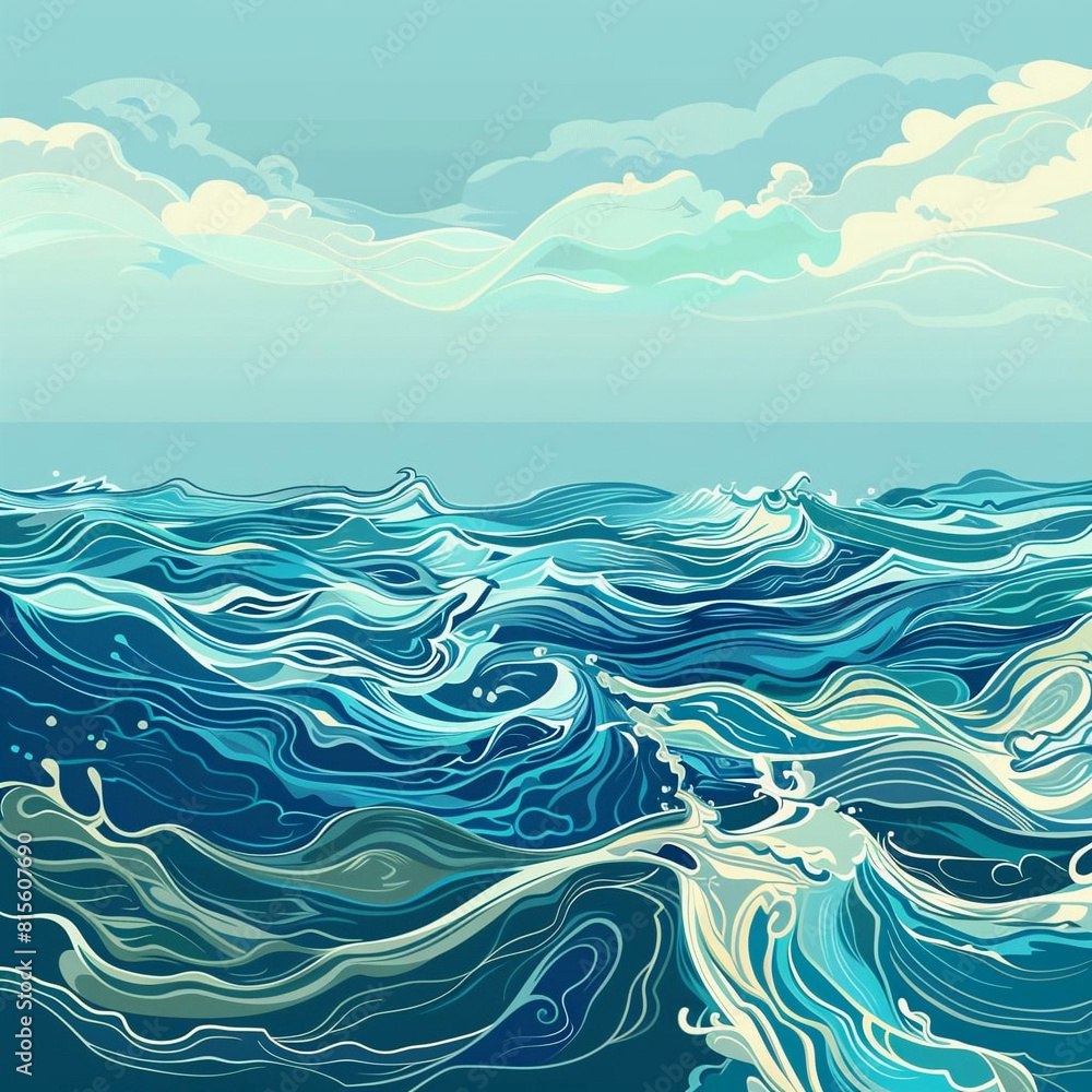 Wavy blue-turquoise sea with waves and sea foam Wavy blue-turquoise sea with waves and sea foam