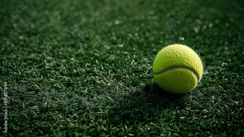 A tennis ball rests on short green grass