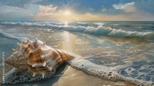 On the sandy shores, a triton shell lies.