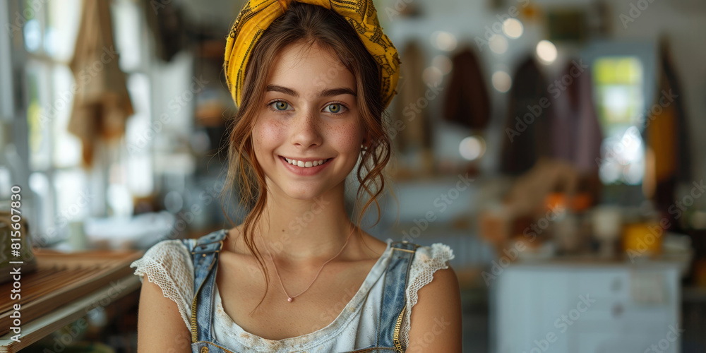In the cheerful portrait, the young woman exudes beauty and confidence as she demonstrates her craft skills. In the cheerful portrait, the young woman exudes beauty and confidence as she demonstrates her craft skills.