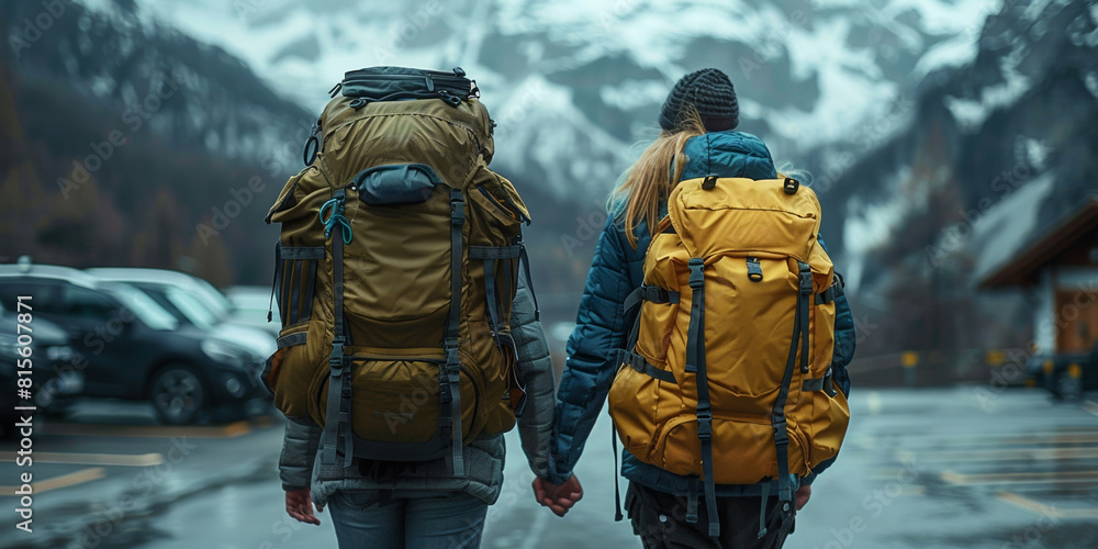 Two adventurers prepare to conquer the mountain peaks on a thrilling hiking expedition. Two adventurers prepare to conquer the mountain peaks on a thrilling hiking expedition.