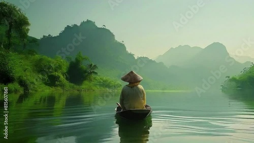 A man in a boat is sitting in the middle of a lake 4K motion photo