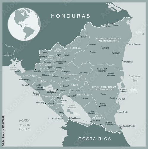 Nicaragua - detailed map with administrative divisions country. Vector illustration