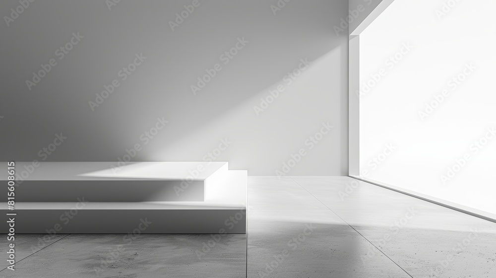 The image is a 3D rendering of a modern, minimalist room. There is a large window on the right side of the room, and a white podium in the center. The image is a 3D rendering of a modern, minimalist room. There is a large window on the right side of the room, and a white podium in the center.