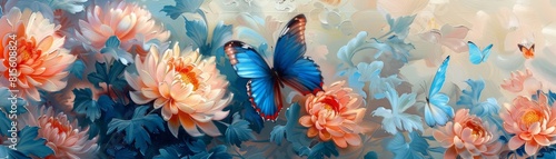 The image is a beautiful painting of a blue butterfly on a flower