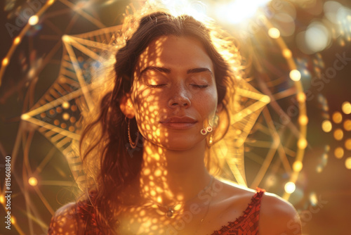 A beautiful woman is meditating with her eyes closed. She is wearing bohemian and there is an array of sacred geometry symbols around her in the sunlight. She has golden light radiating