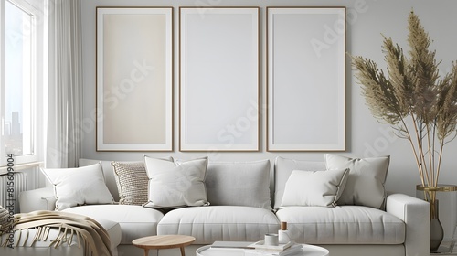 mock up poster frame in modern interior background, living room, Scandinavian style, 3D render, 3D illustration photo