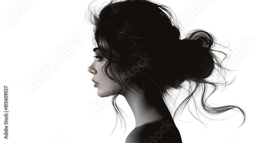 Backward glance, hair framing silhouette, isolated on transparent background.PNG file. 