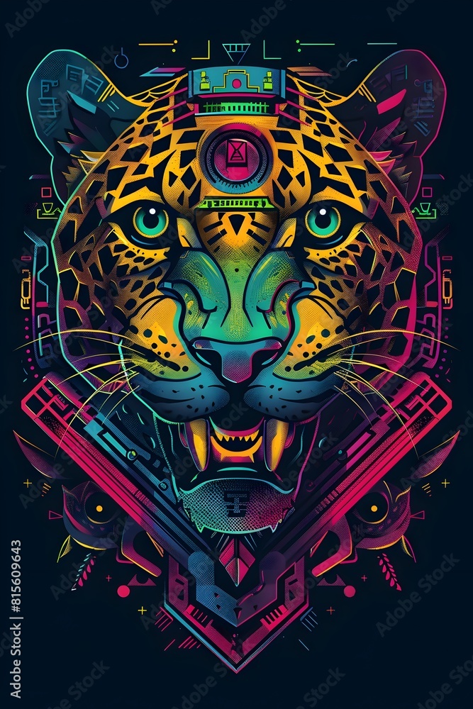 Playful Jaguar Adorned with Mayan Hieroglyphs and Jungle Motifs in Synthwave Esports Logo Style Playful Jaguar Adorned with Mayan Hieroglyphs and Jungle Motifs in Synthwave Esports Logo Style