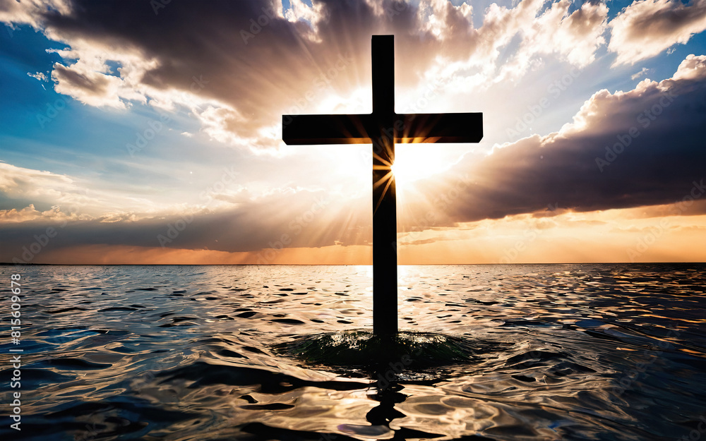 Jesus Christ cross, Christian cross on a background of dramatic sky Jesus Christ cross, Christian cross on a background of dramatic sky