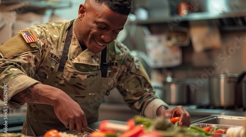 Back in the Kitchen A soldier, wearing an apron, helps with cooking, a familiar routine offering a sense of normalcy photo