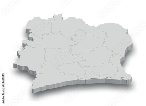 3d Ivory Coast white map with regions isolated