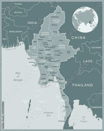 Myanmar - detailed map with administrative divisions country. Vector illustration